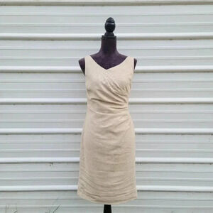 Lauren RALPH LAUREN Linen Beige Sleeveless V-NECK Dress Rutched Size 2